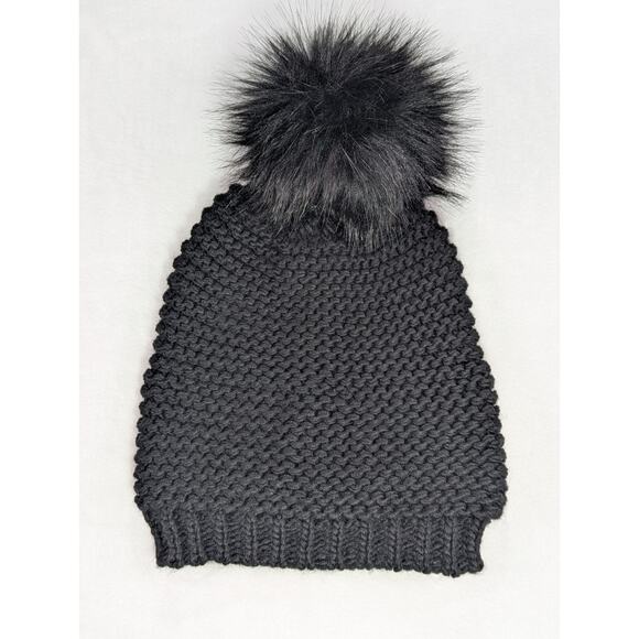Black Slouchy Chunky Knit Beanie w/Faux Fur Pom and Fleece Lining by Rachel Zoe - Picture 1 of 8